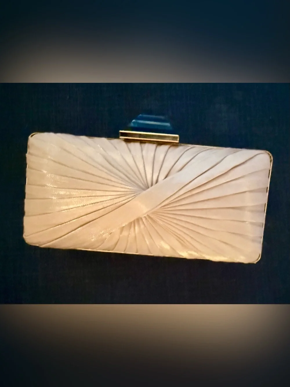 Sondra Roberts Champagne Pleated Clutch with Blue Jewel Clutch and Gold Chain